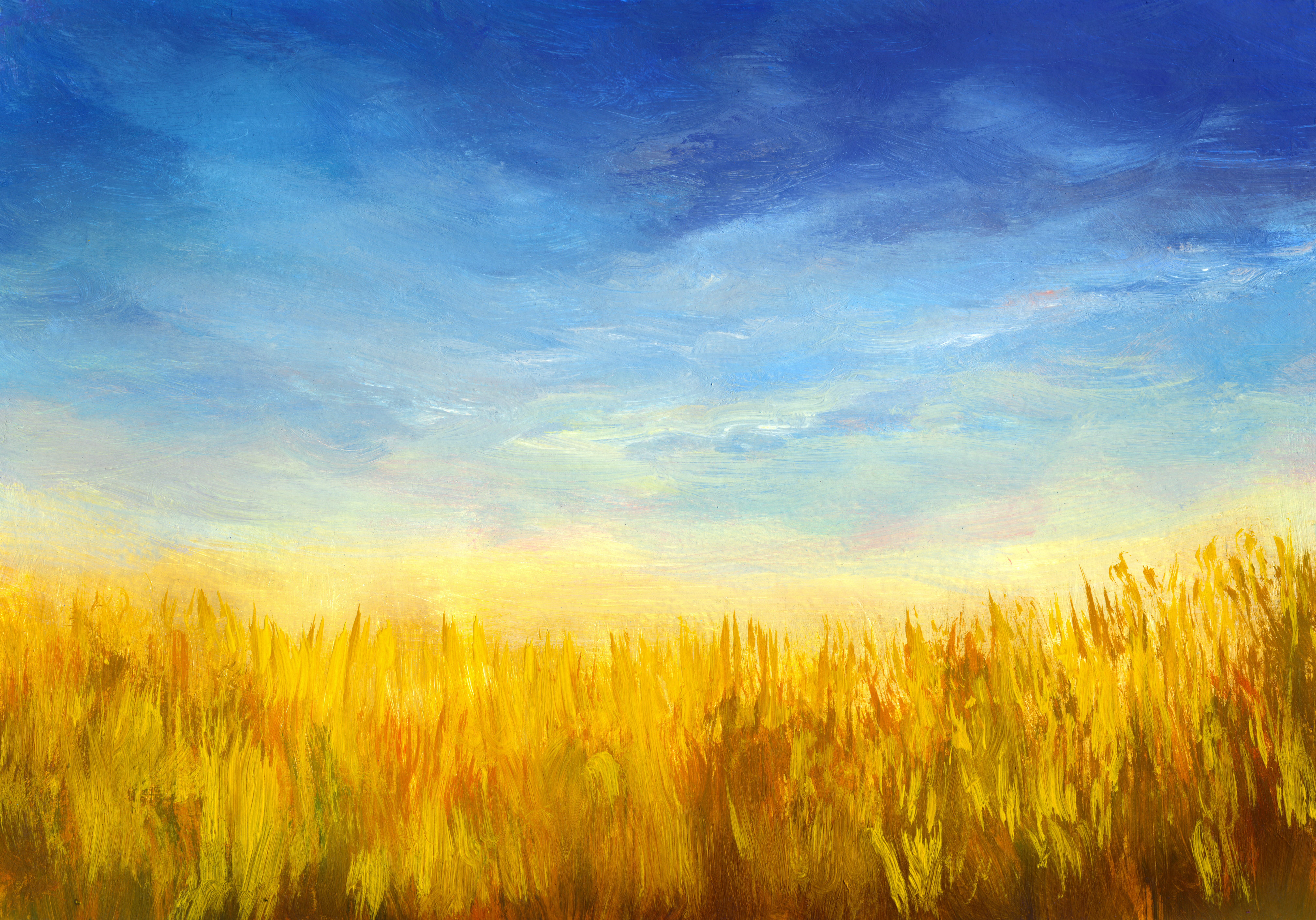Abstract painting of wheat and a blue sky