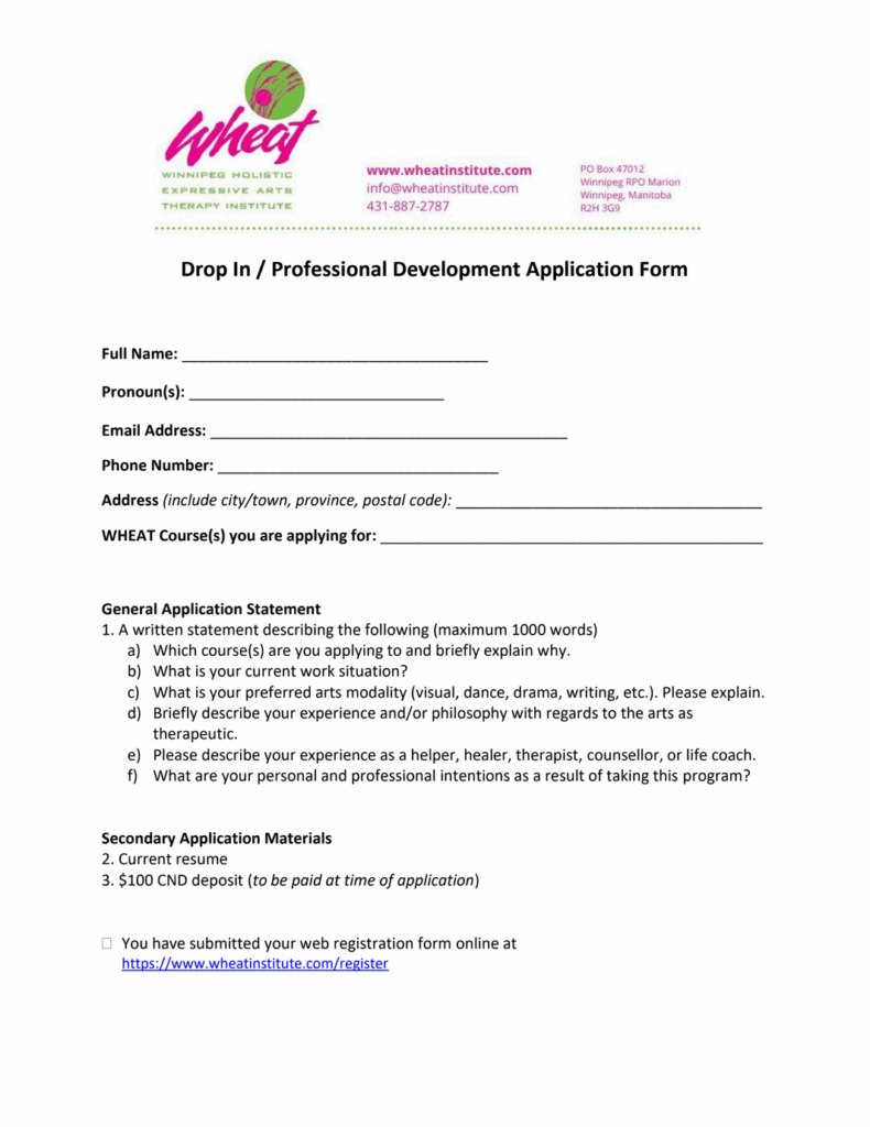 Drop-in/professional development application form cover page screenshot.