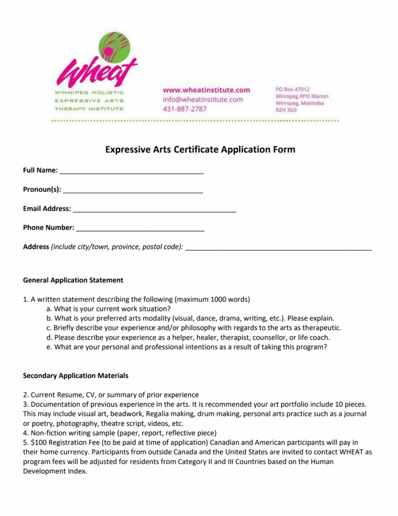 Expressive Arts Certificate Application form cover page screenshot.