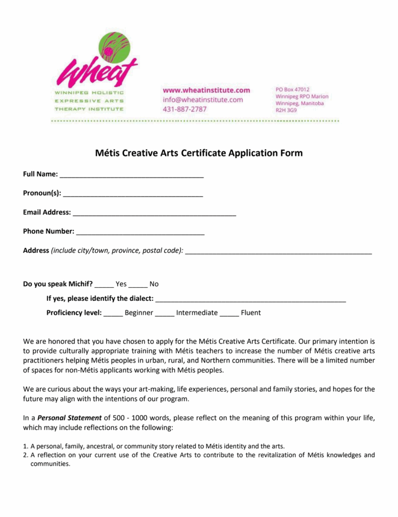 Metis creative arts certificate application form cover page screenshot.