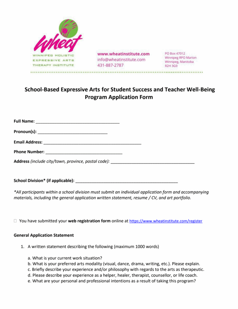 School-based expressive arts for student success and teacher well-being program application form cover page screenshot.