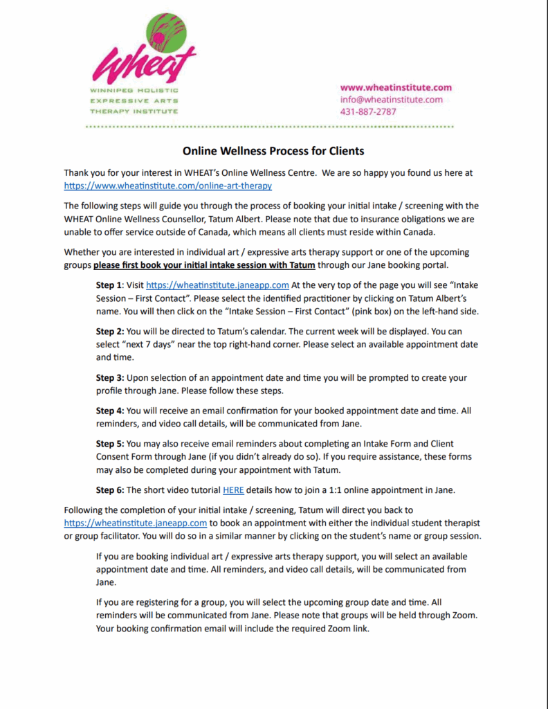 Online Wellness Process for clients cover page screenshot.