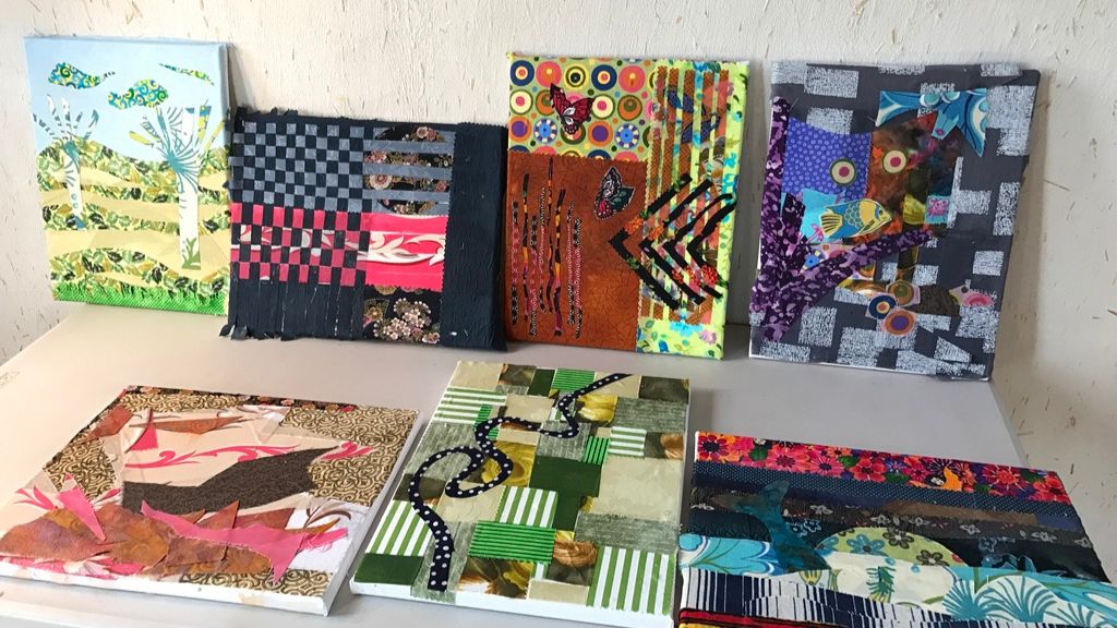 Group of seven different collage designs.