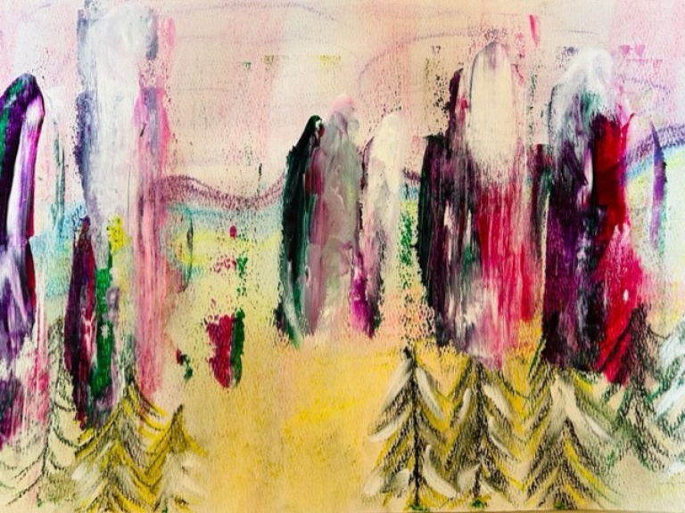 Abstract painting of sky and trees.