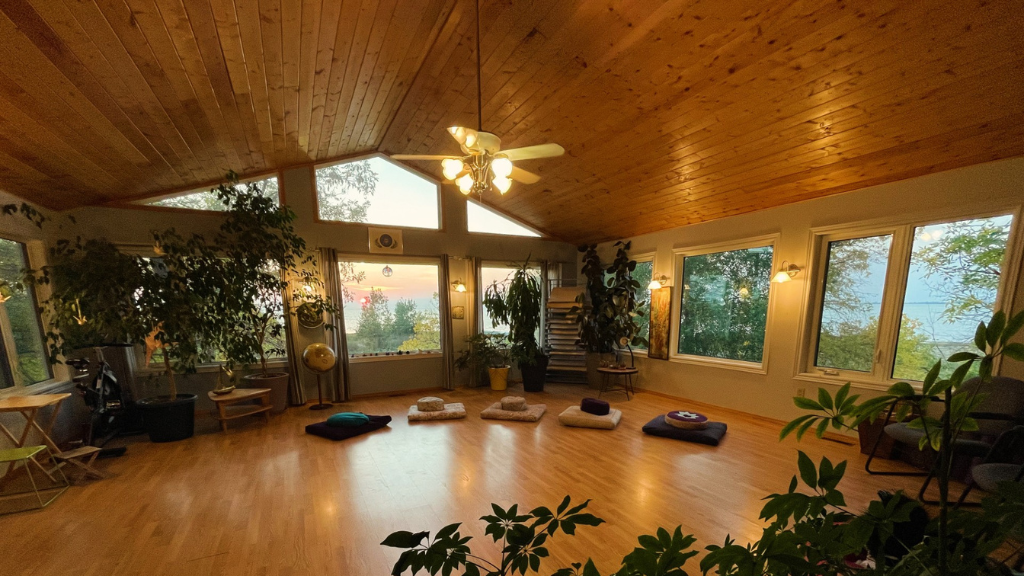 Large room with vaulted ceilings, lots of windows, meditation pillow on a wood floor, and lots of plants.