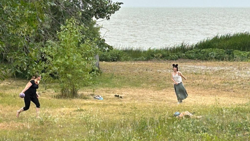 Two people outside along shoreline.