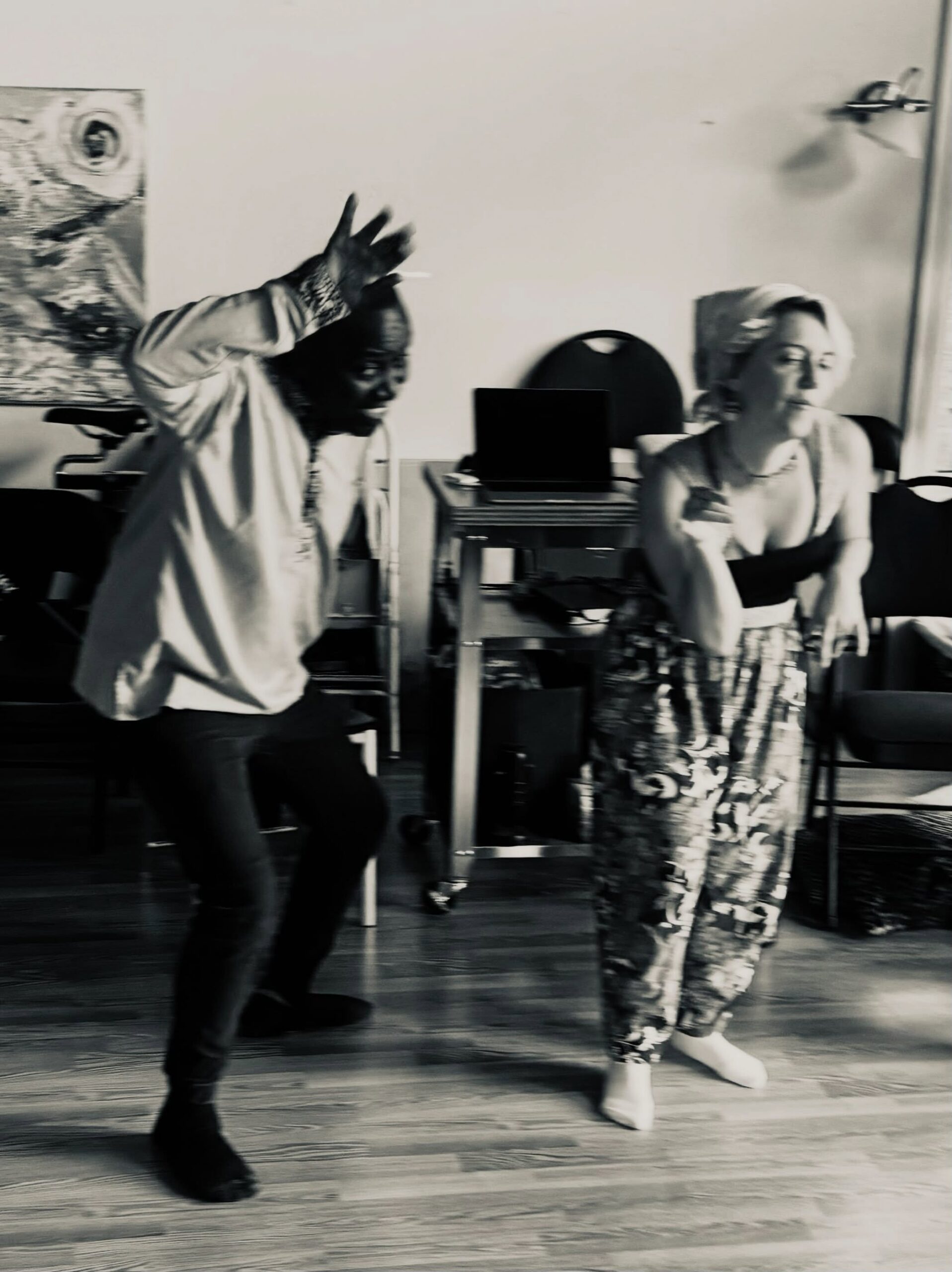 Seen are instructors Bonface Beti and Conly Basham during the Playback Theatre class at Painted Sky Studio
