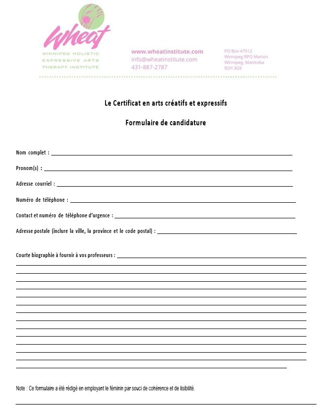 Front cover of the application form